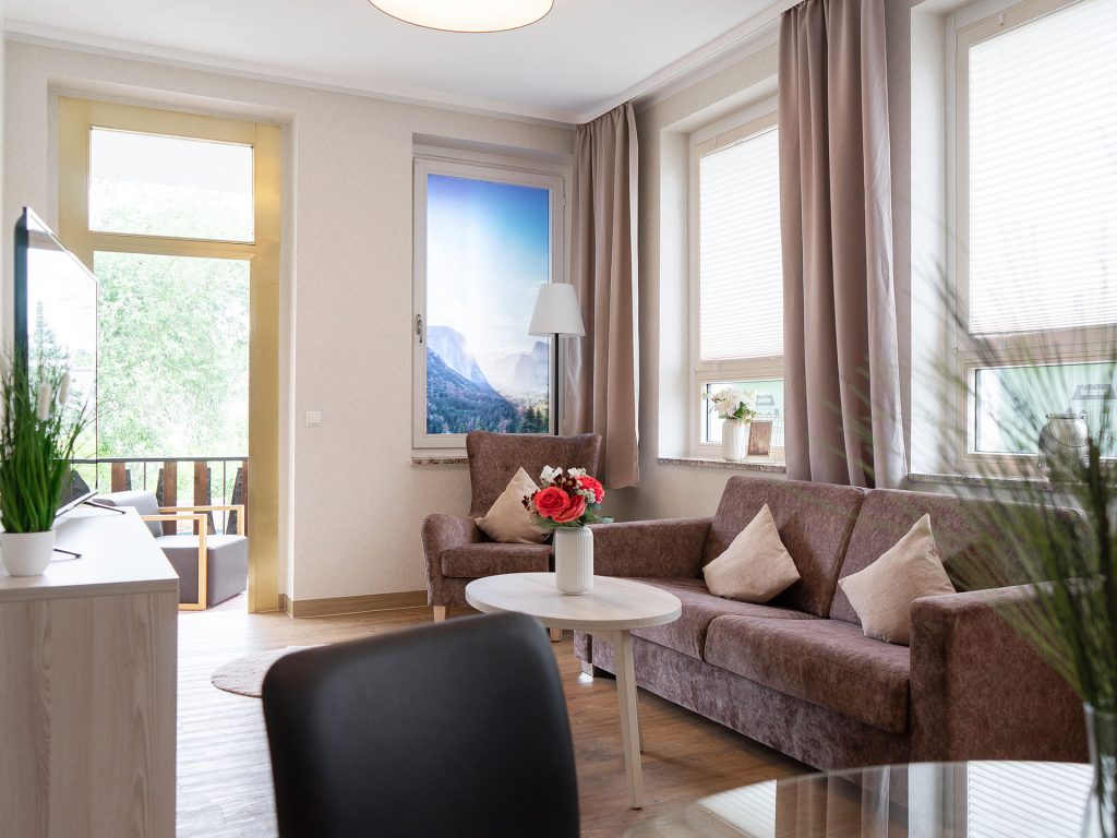 Suite Wohnbereich mit Couch, Sessel und TV im Hotel am Stadtpark Nordhausen